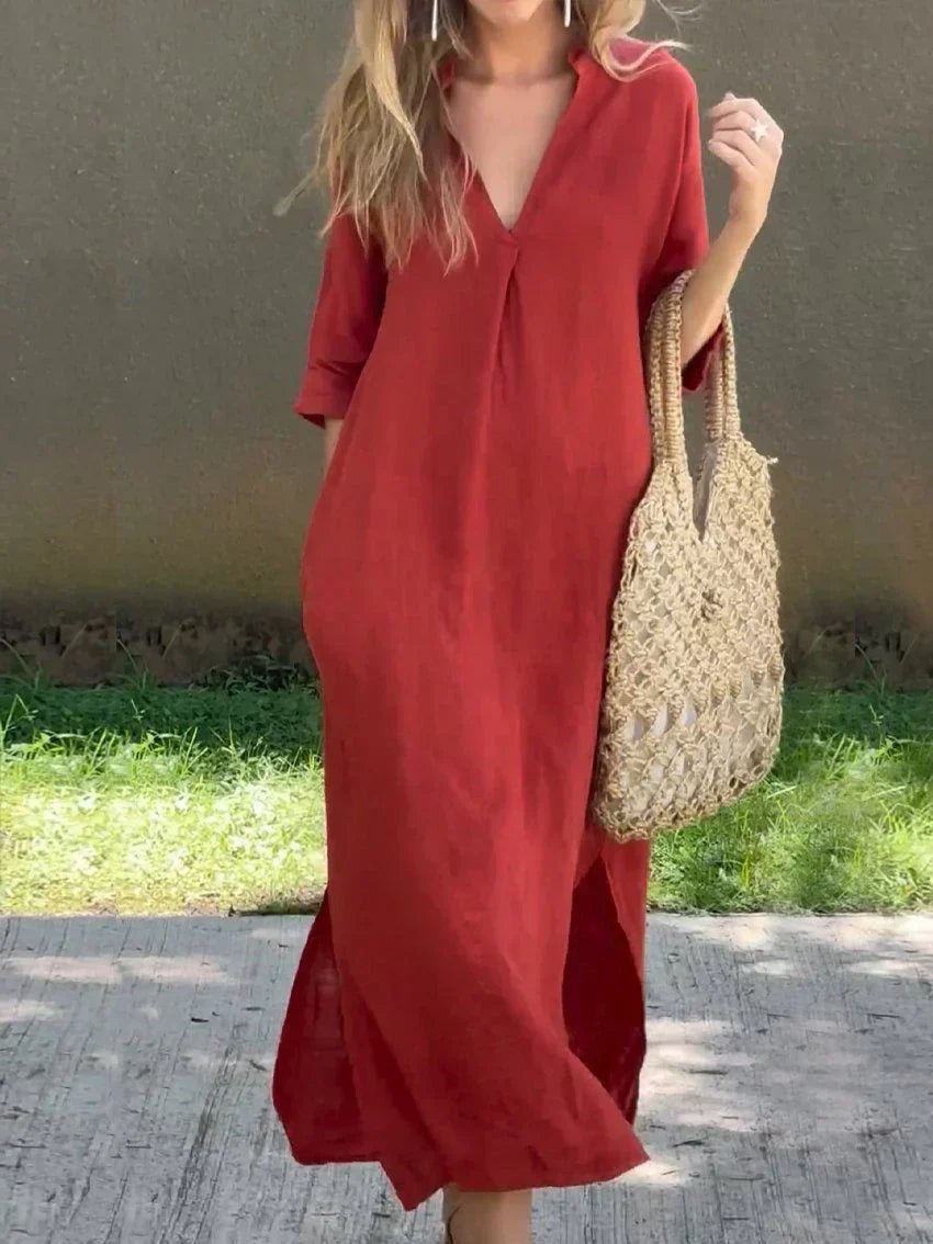 Women's V-Neck Cotton Linen Relaxed-Fit Maxi Dress - Red (Almost sold out)