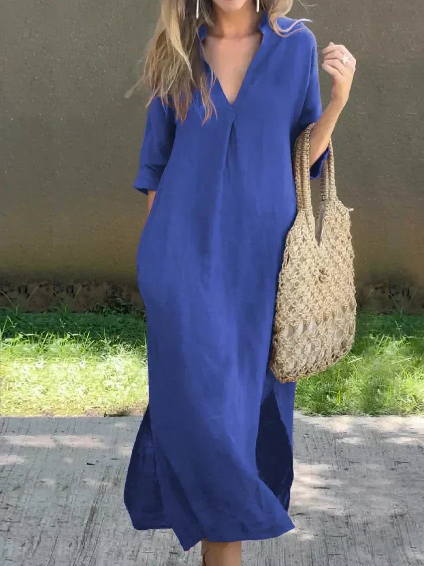 Women's V-Neck Cotton Linen Relaxed-Fit Maxi Dress - Blue