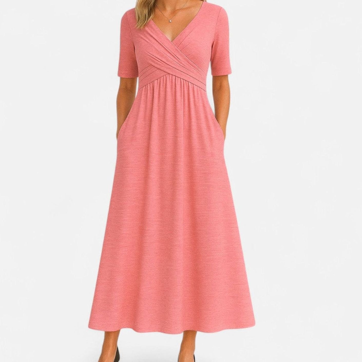 Women's V-Neck Crossover Empire-Waist Midi Dress Pockets - Pink