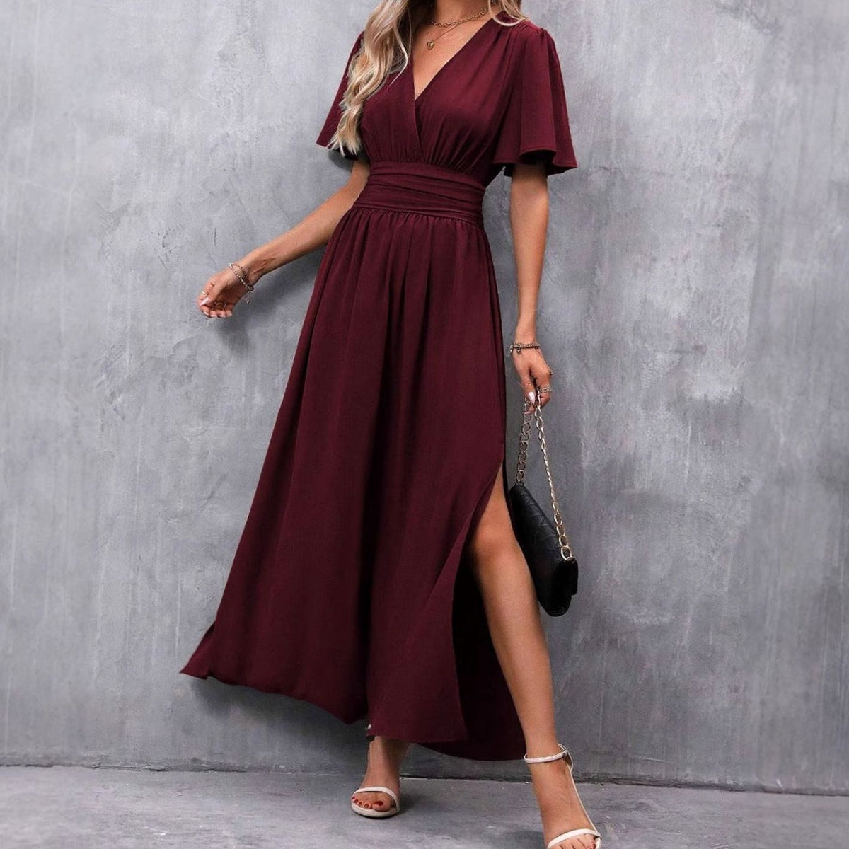 Women's V-Neck Flutter-Sleeve High-Waist Maxi Dress Side Slit