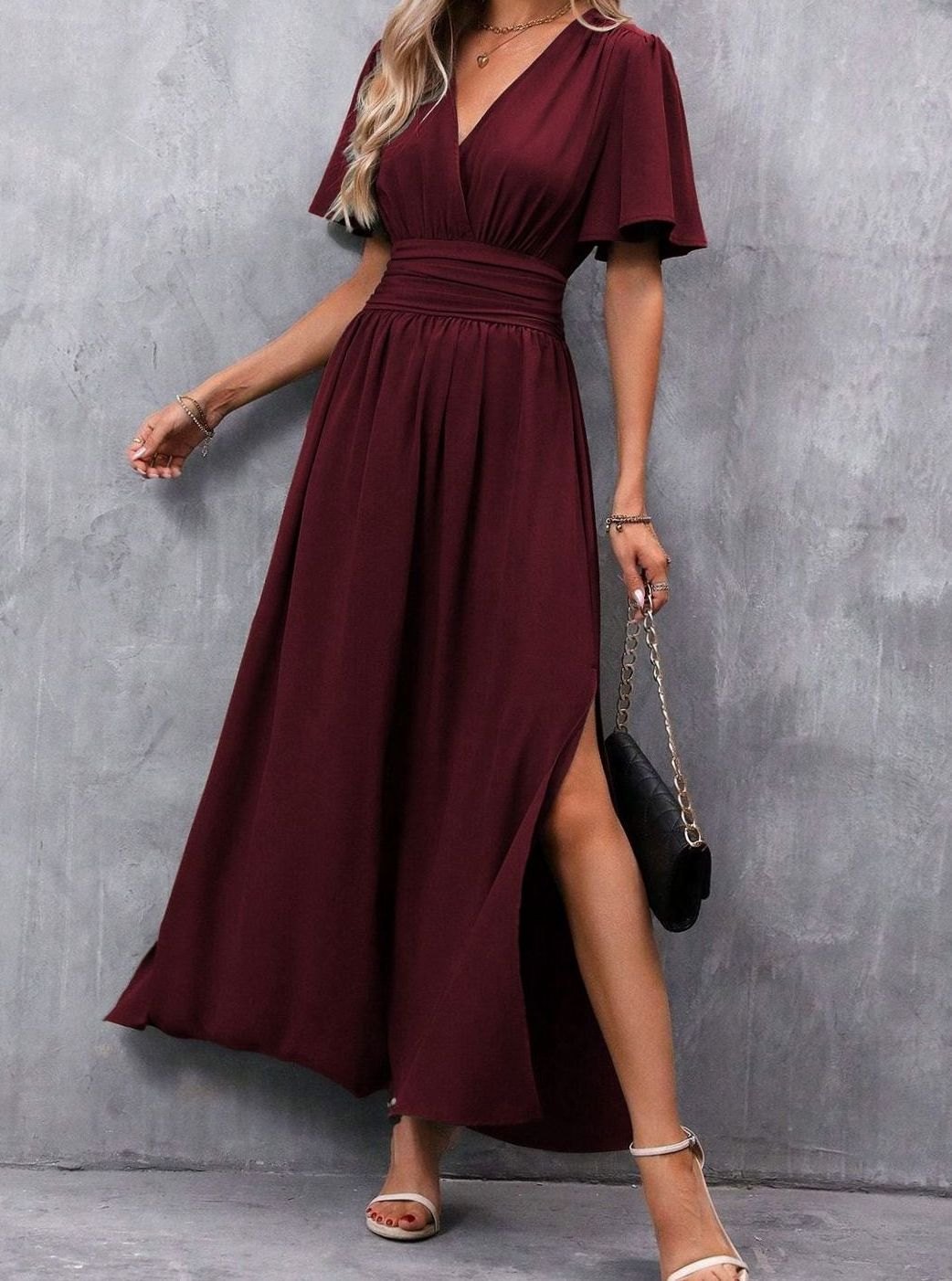 Women's V-Neck Flutter-Sleeve High-Waist Maxi Dress Side Slit - Wine Red