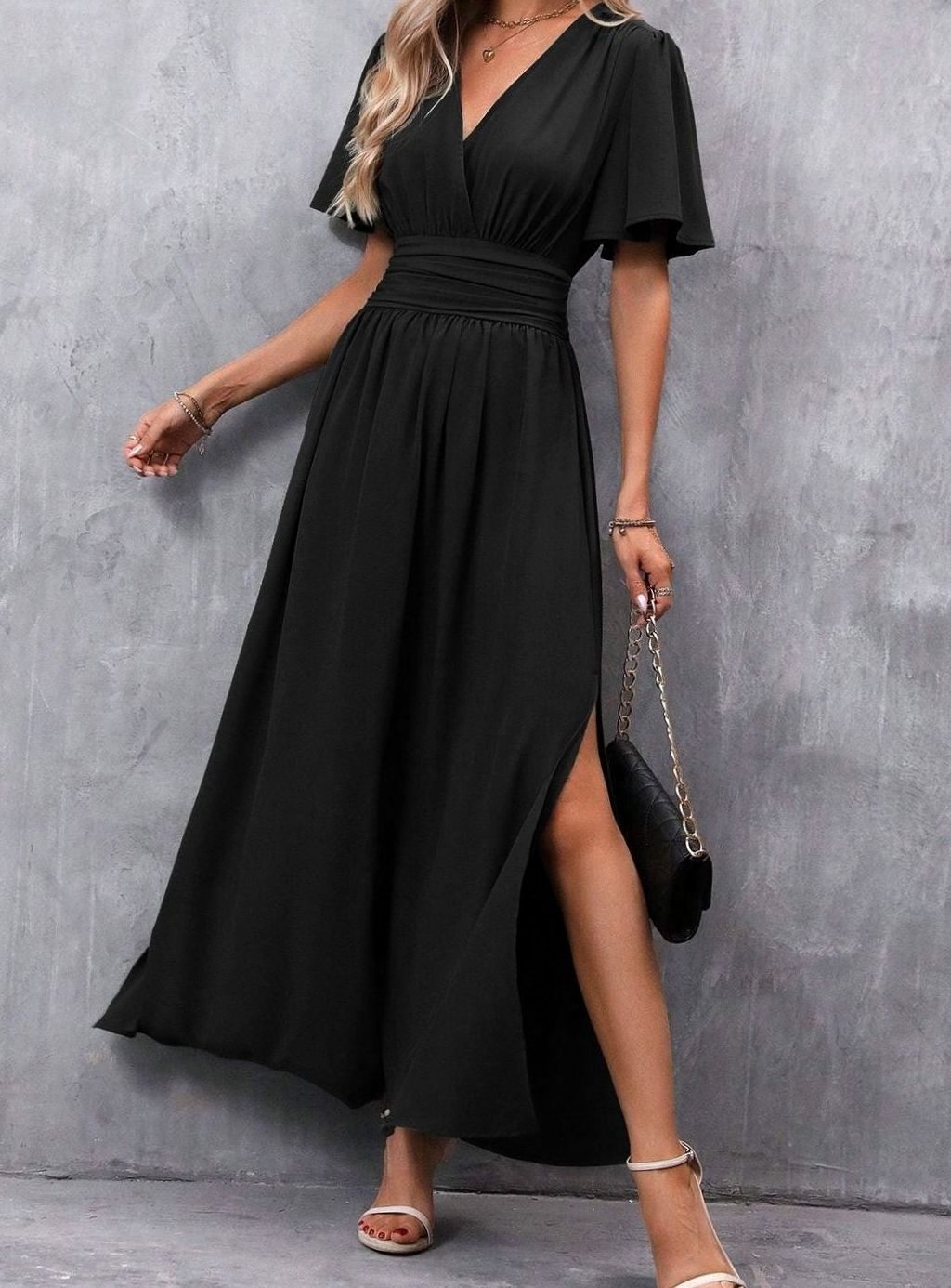 Women's V-Neck Flutter-Sleeve High-Waist Maxi Dress Side Slit - Black