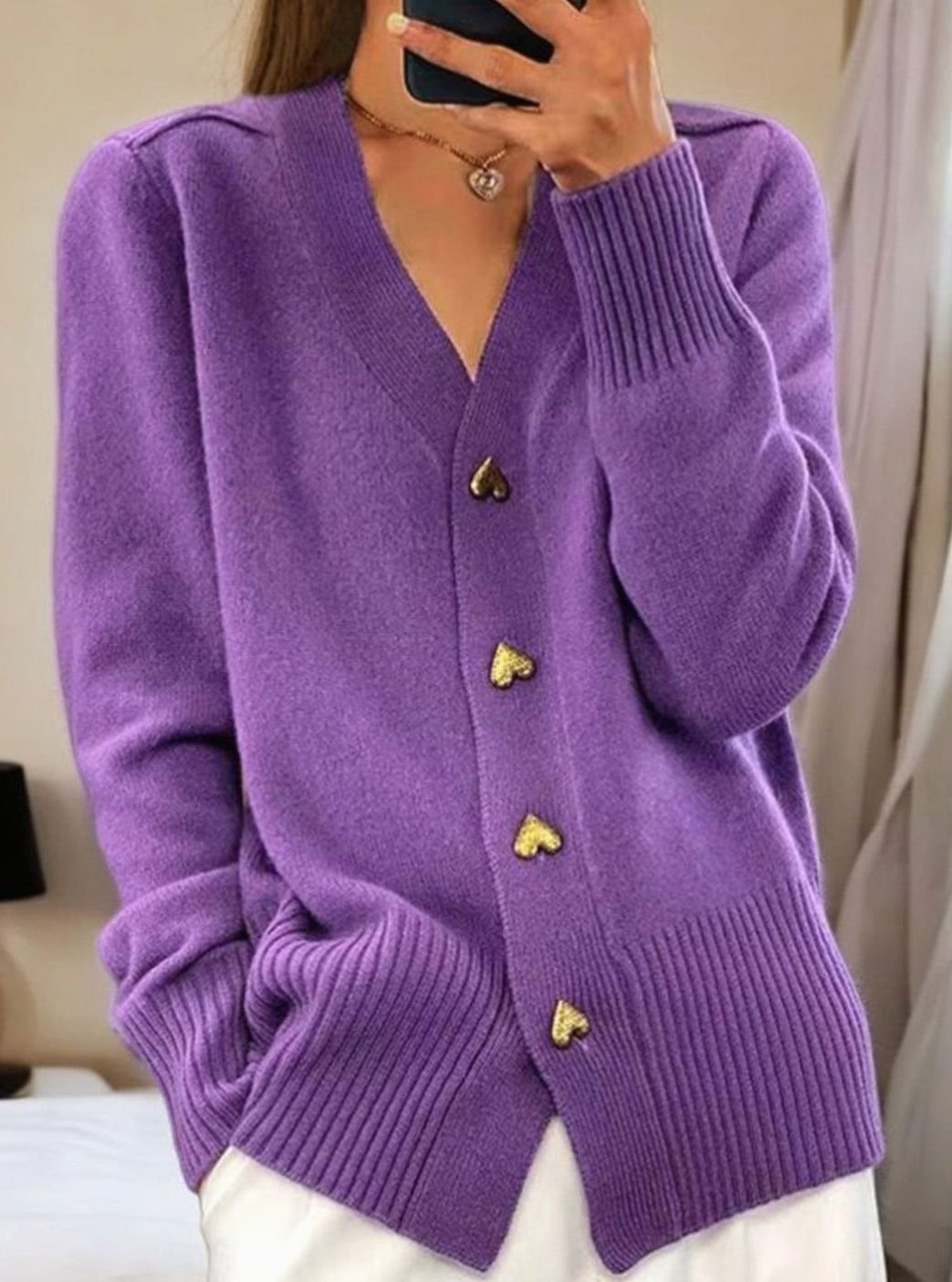 Women's V-Neck Gold Heart-Button Wool Cardigan - Purple
