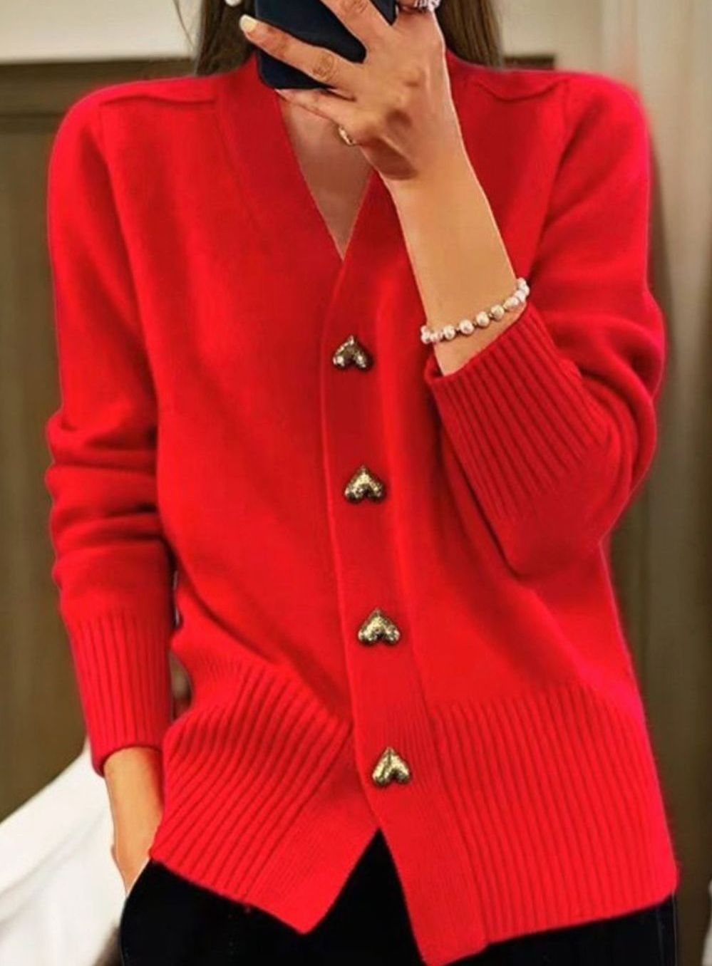 Women's V-Neck Gold Heart-Button Wool Cardigan - Red
