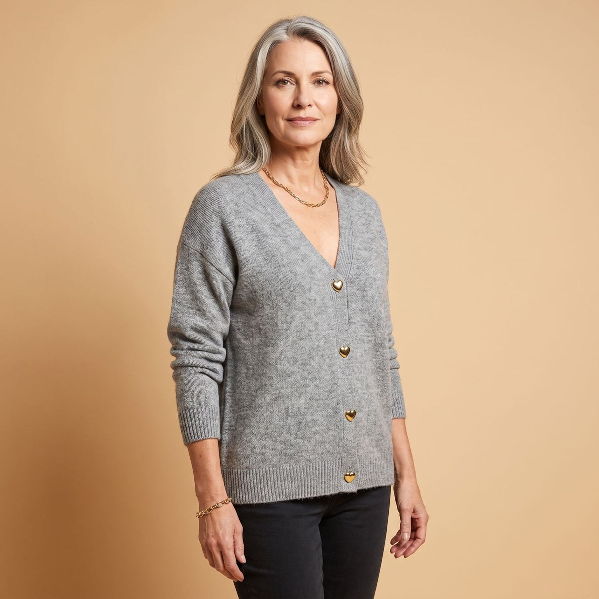 Women's V-Neck Heart-Button Knit Cardigan - Gray
