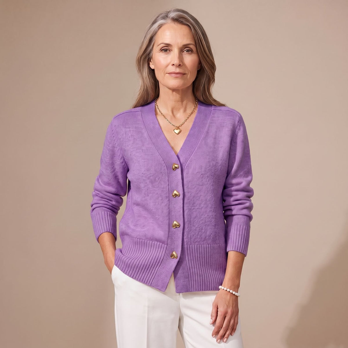 Women's V-Neck Heart-Button Knit Cardigan - Purple