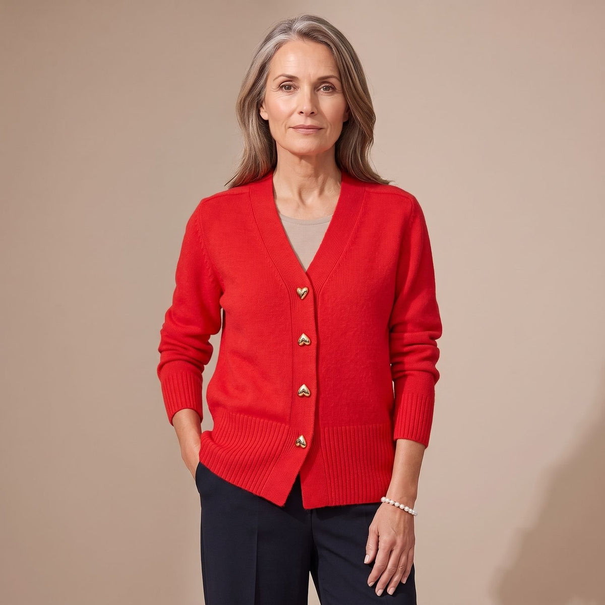 Women's V-Neck Heart-Button Knit Cardigan - Red
