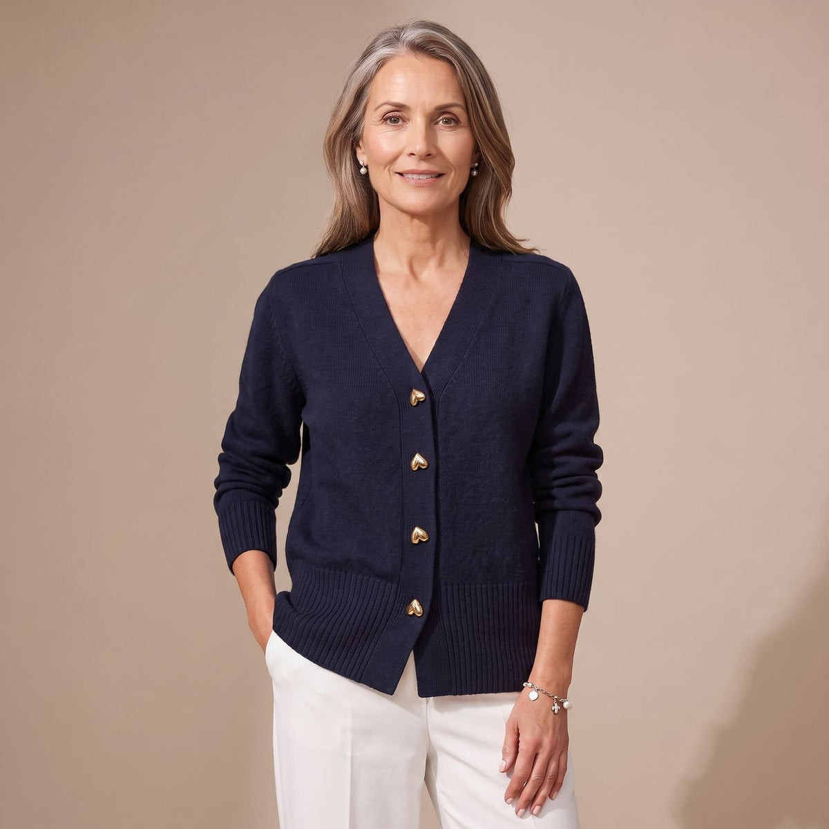 Women's V-Neck Heart-Button Knit Cardigan - Black