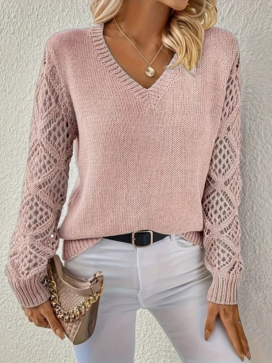 Women's V-Neck Hollow Sleeve Knit Sweater Jumper - Pink