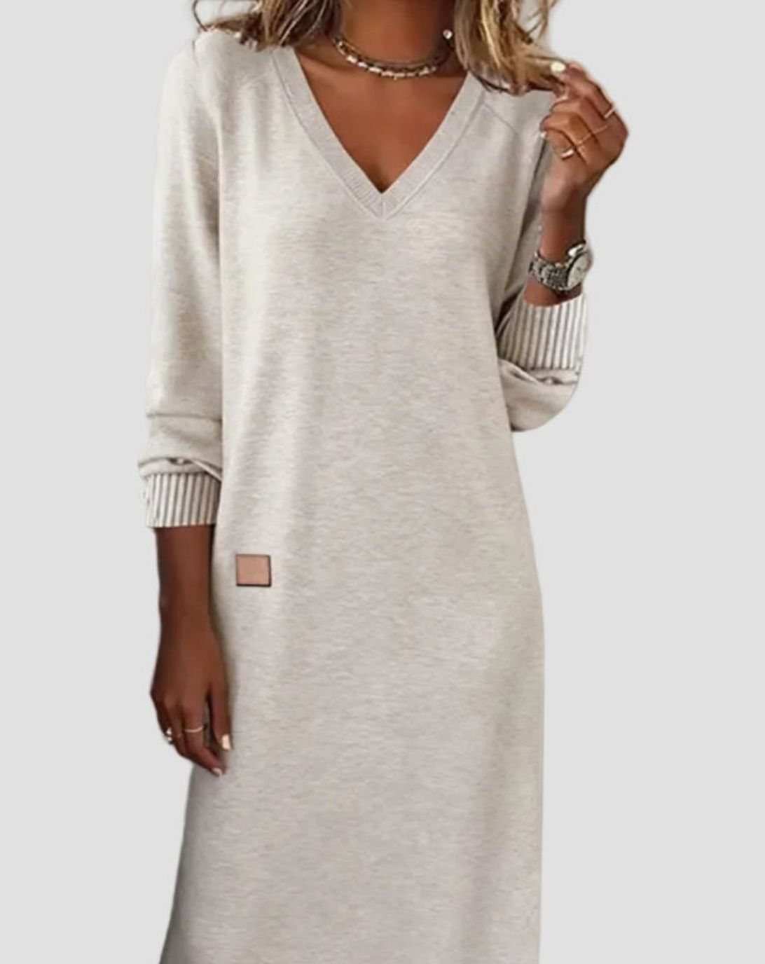 Women's V-Neck Long Sleeve Knit-Cuff Midi Swing Dress - Beige