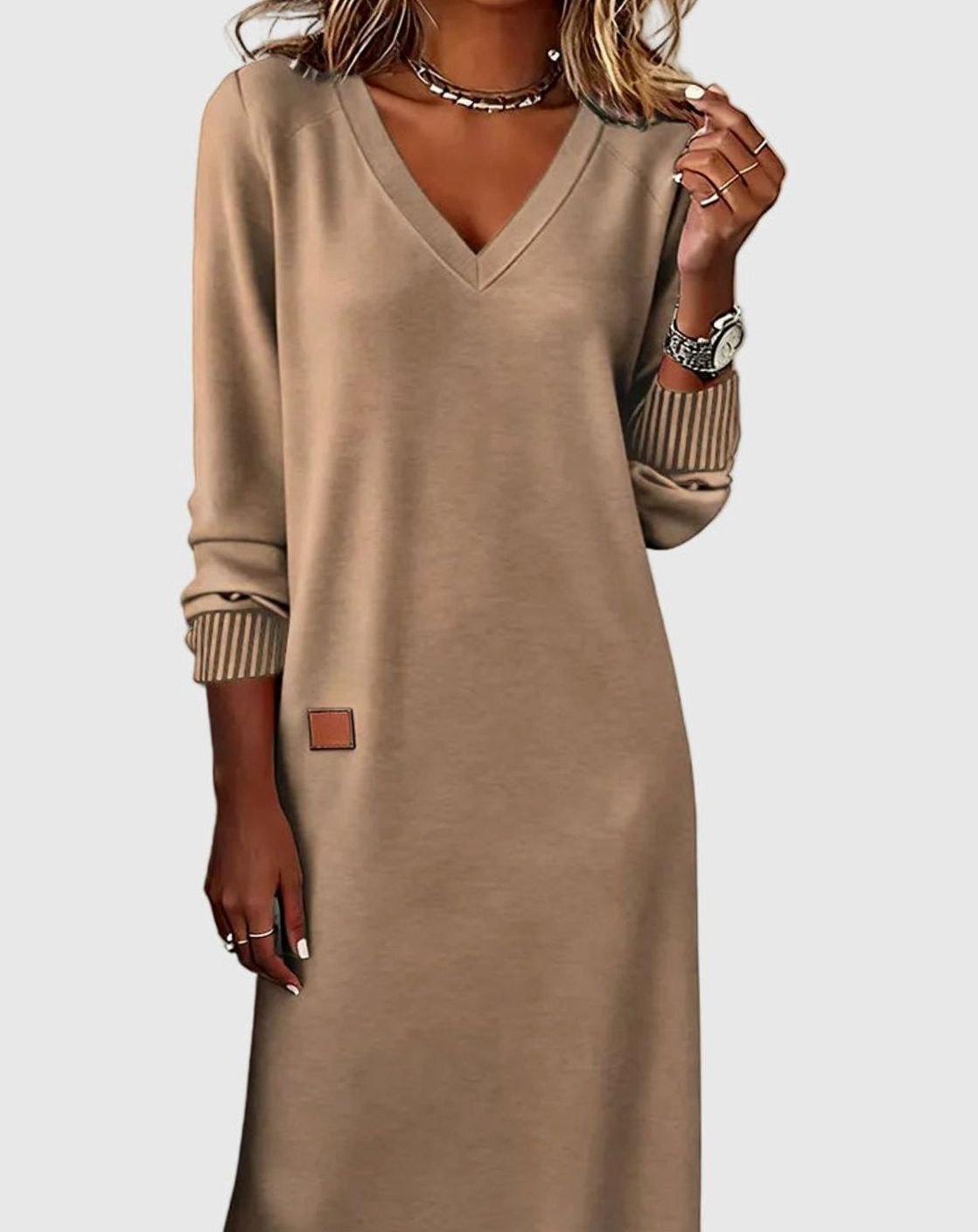 Women's V-Neck Long Sleeve Knit-Cuff Midi Swing Dress - Khaki