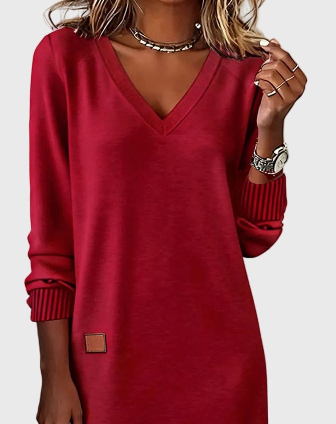 Women's V-Neck Long Sleeve Knit-Cuff Midi Swing Dress