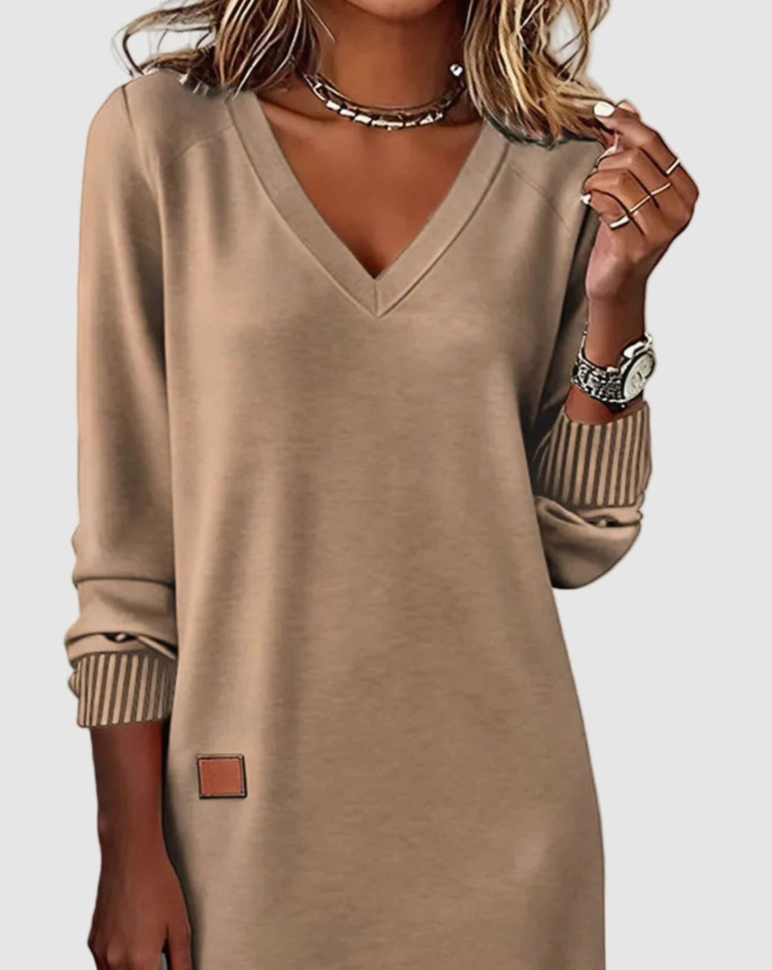 Women's V-Neck Long Sleeve Knit-Cuff Midi Swing Dress