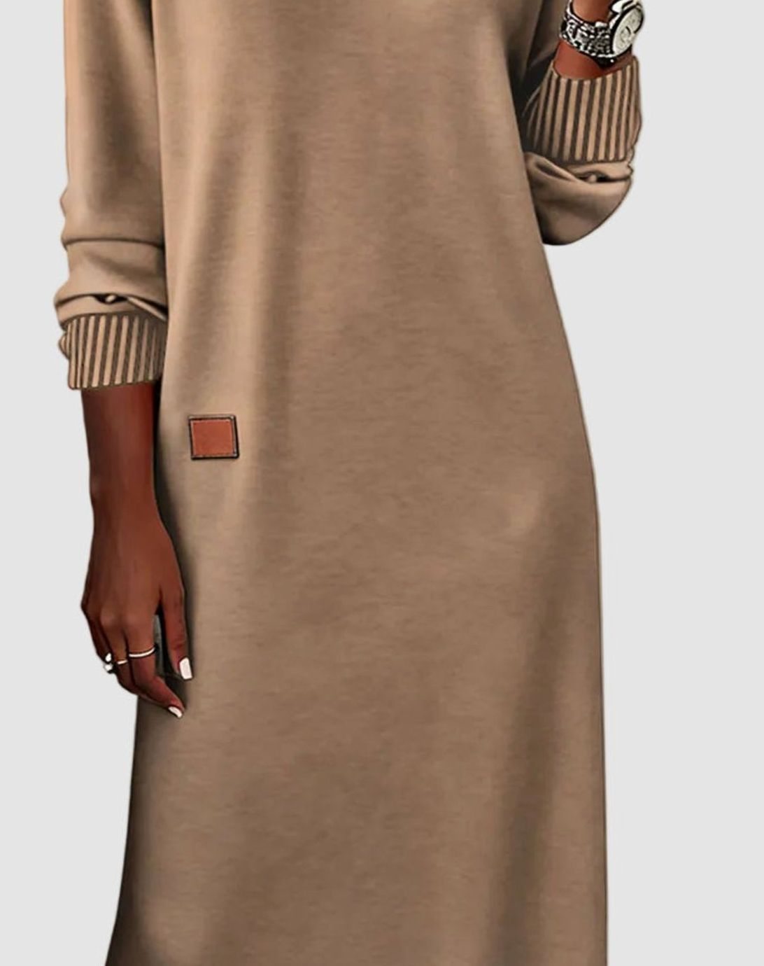 Women's V-Neck Long Sleeve Knit-Cuff Midi Swing Dress