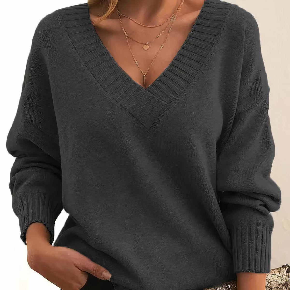 Women's V-Neck Long Sleeve Relaxed Knit Sweater - Dark Gray