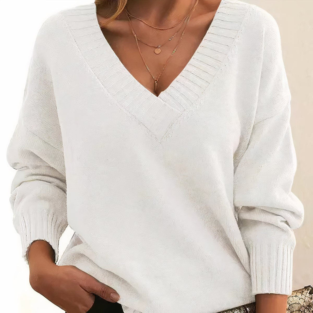 Women's V-Neck Long Sleeve Relaxed Knit Sweater - White