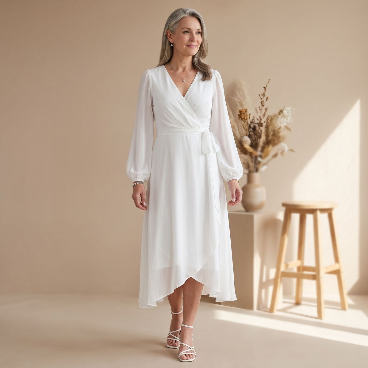 Women's V-Neck Long-Sleeve Wrap Chiffon Maxi Dress - White