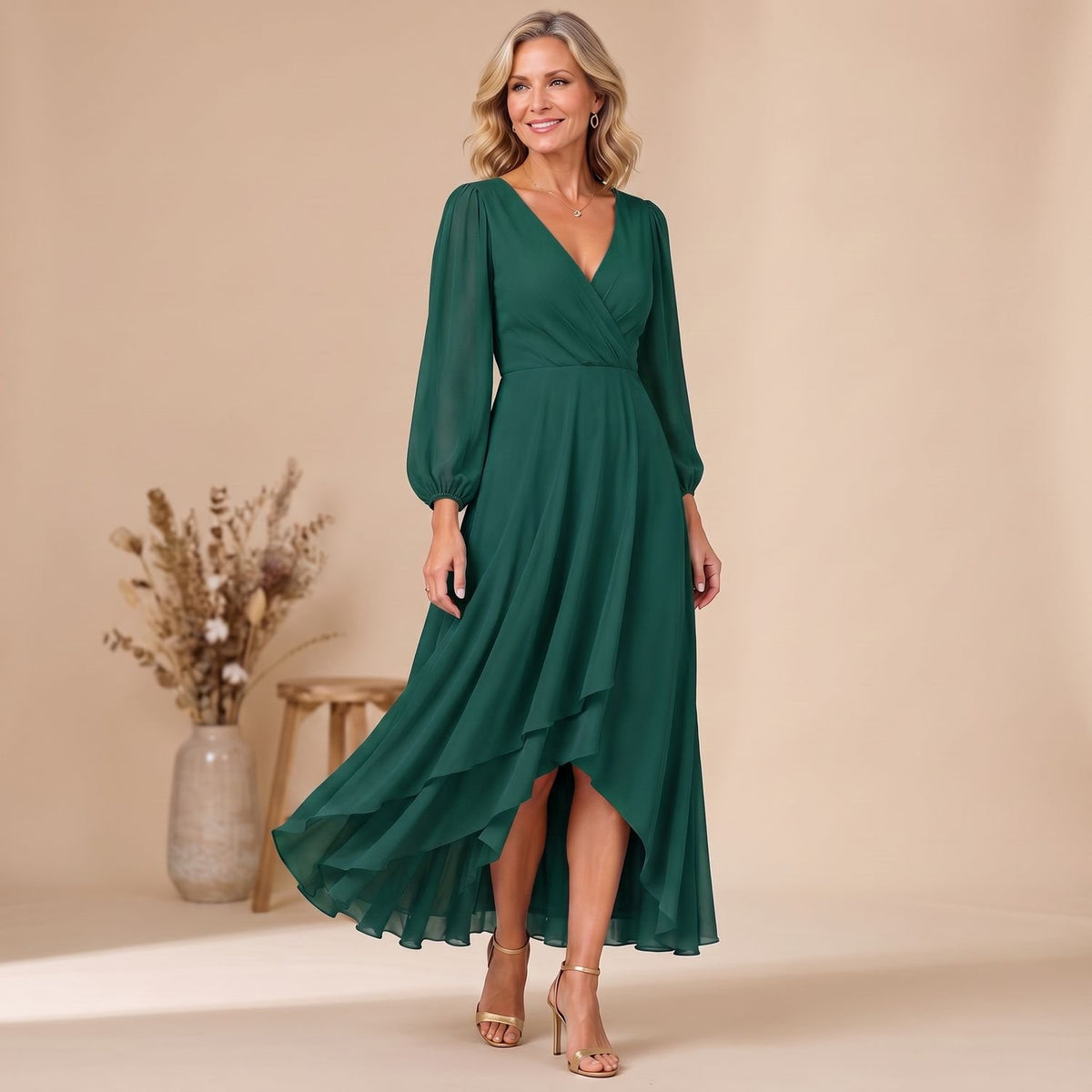 Women's V-Neck Long-Sleeve Wrap Chiffon Maxi Dress - Dark Green