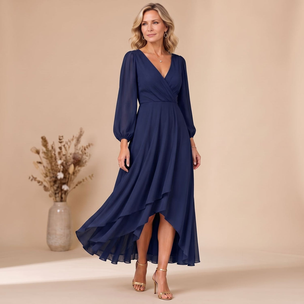 Women's V-Neck Long-Sleeve Wrap Chiffon Maxi Dress - Navy Blue