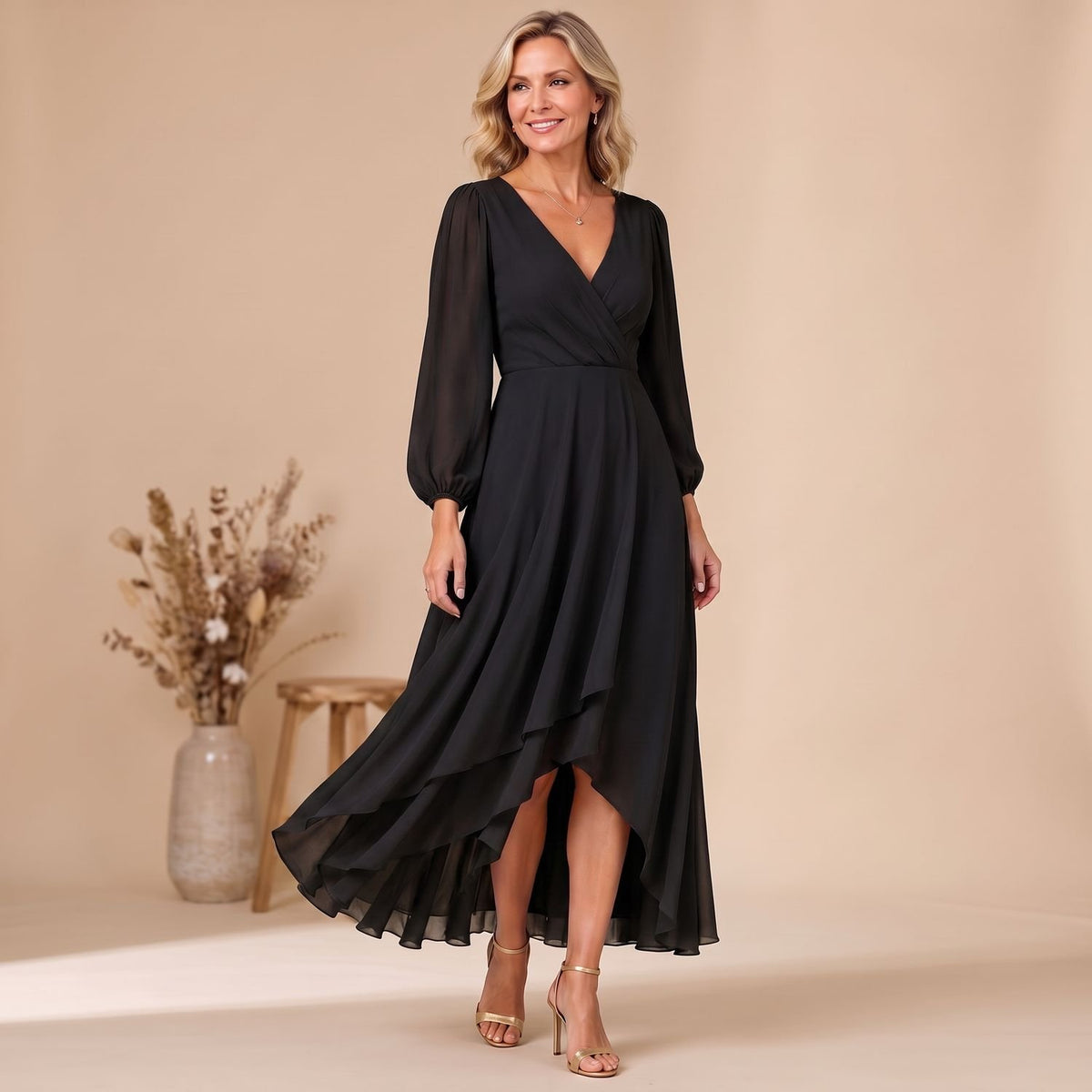Women's V-Neck Long-Sleeve Wrap Chiffon Maxi Dress - Black