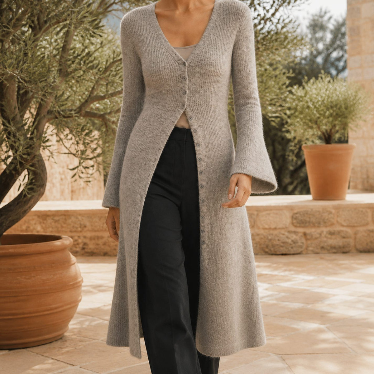 Women's V-Neck Longline Button-Front Wool Blend Cardigan - Grey