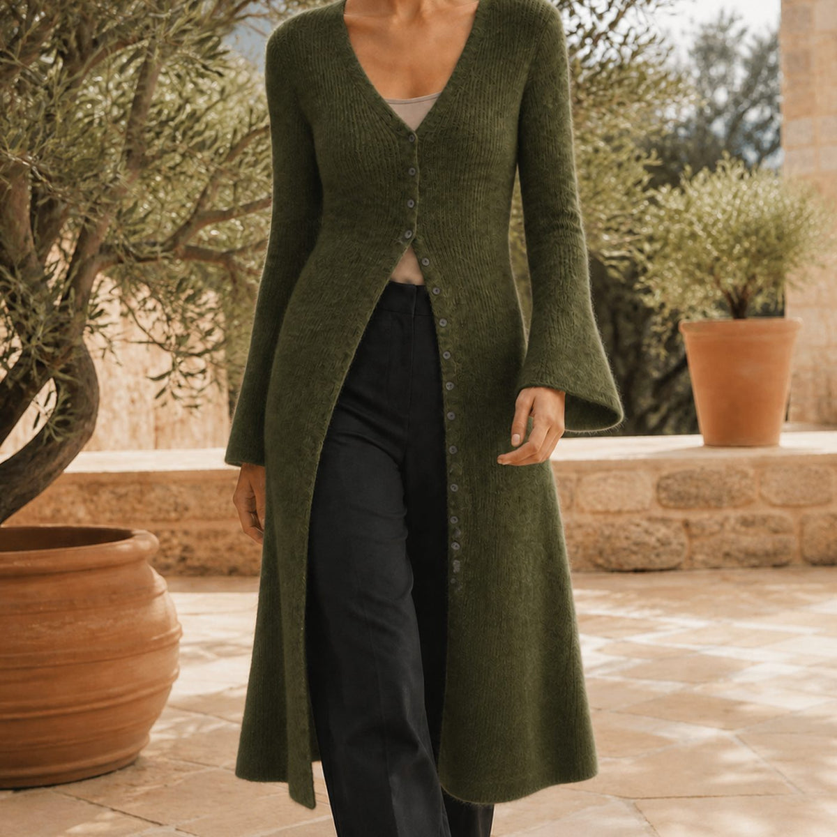 Women's V-Neck Longline Button-Front Wool Blend Cardigan - Army Green