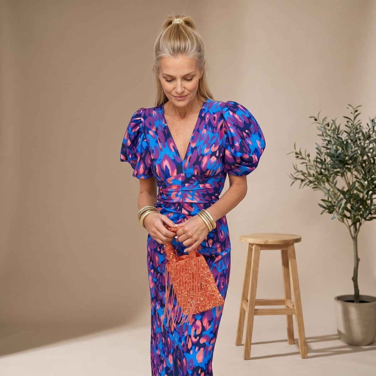 Women's V-Neck Puff-Sleeve Abstract-Print Midi Cocktail Party Dress