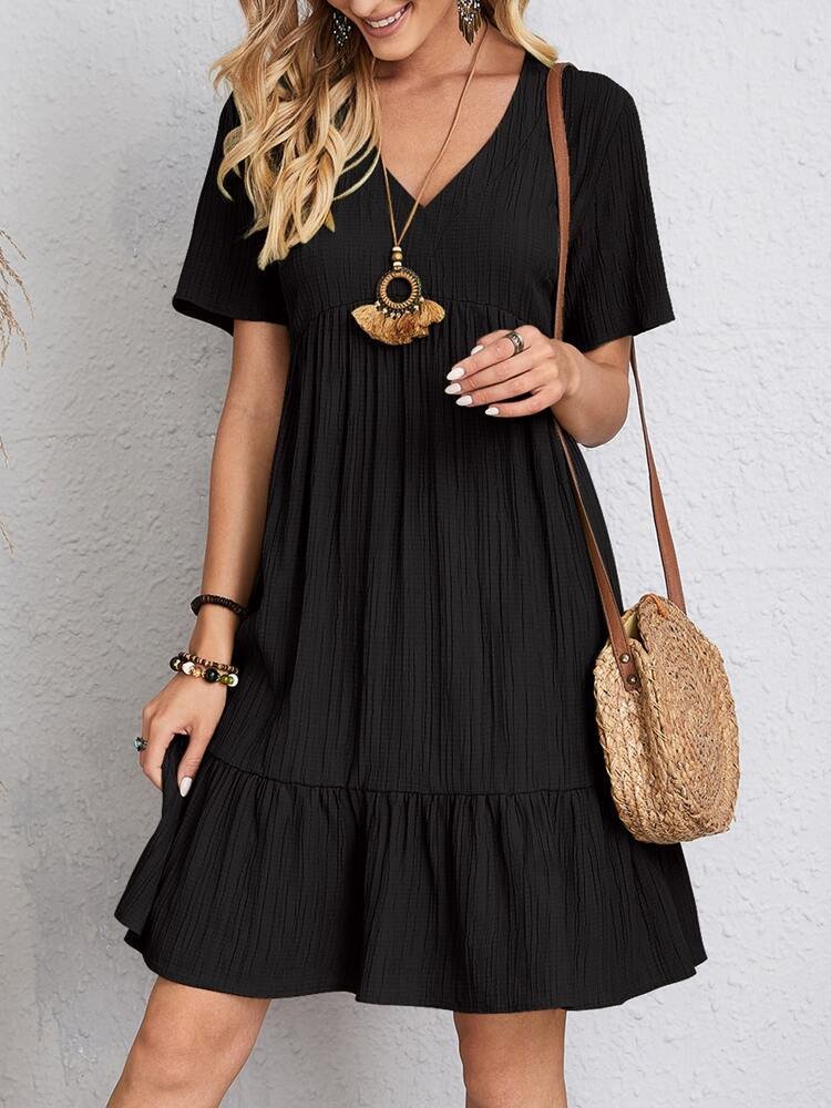 Women's V-Neck Short-Sleeve Ruffle-Hem Babydoll Mini Dress - Black