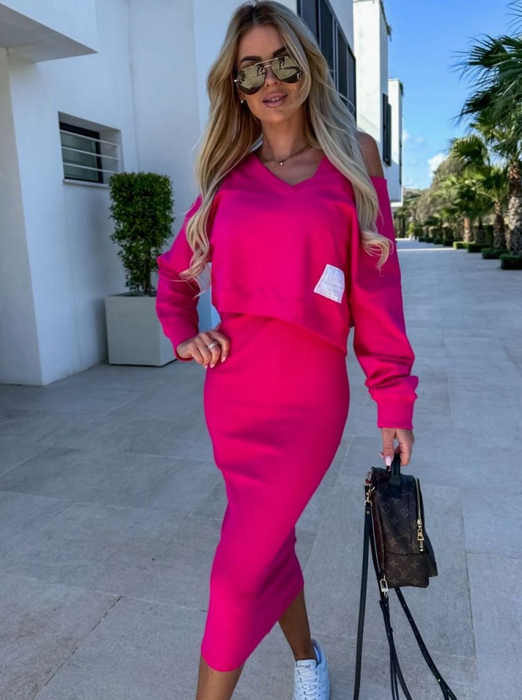 Women's V-Neck Sweatshirt Midi Skirt Two-Piece Co-ord Set - Pink