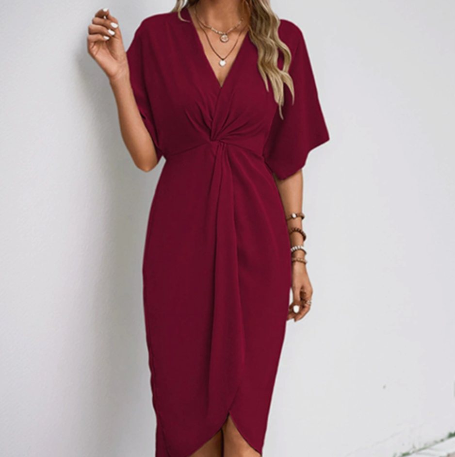 Women's V-Neck Twist-Front Midi Wrap Dress - Red