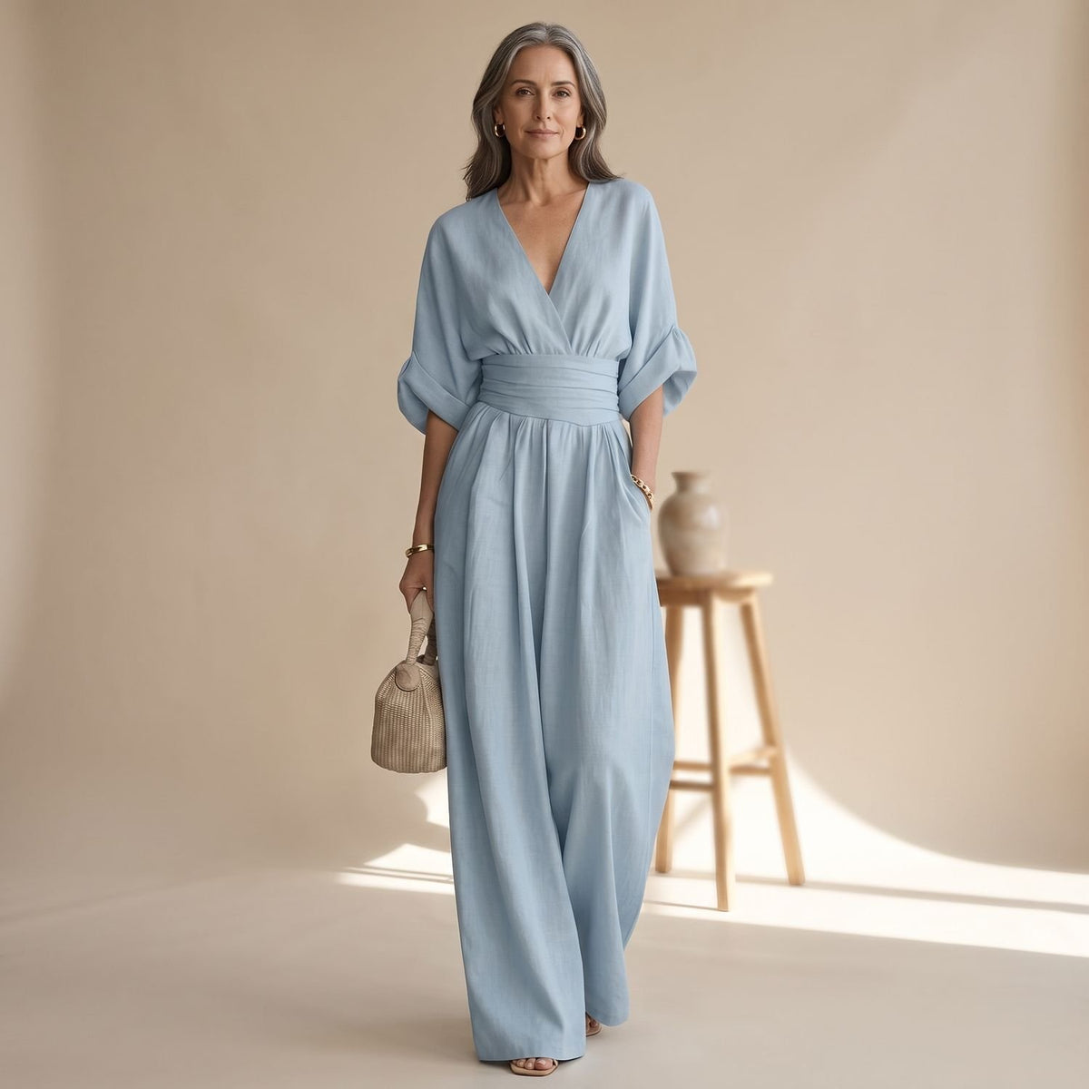 Women's V-Neck Wide-Leg Belted Linen Jumpsuit - Light Blue