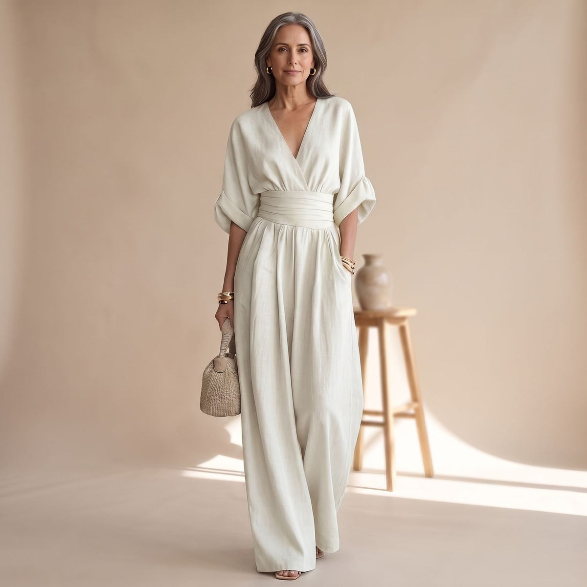 Women's V-Neck Wide-Leg Belted Linen Jumpsuit - White