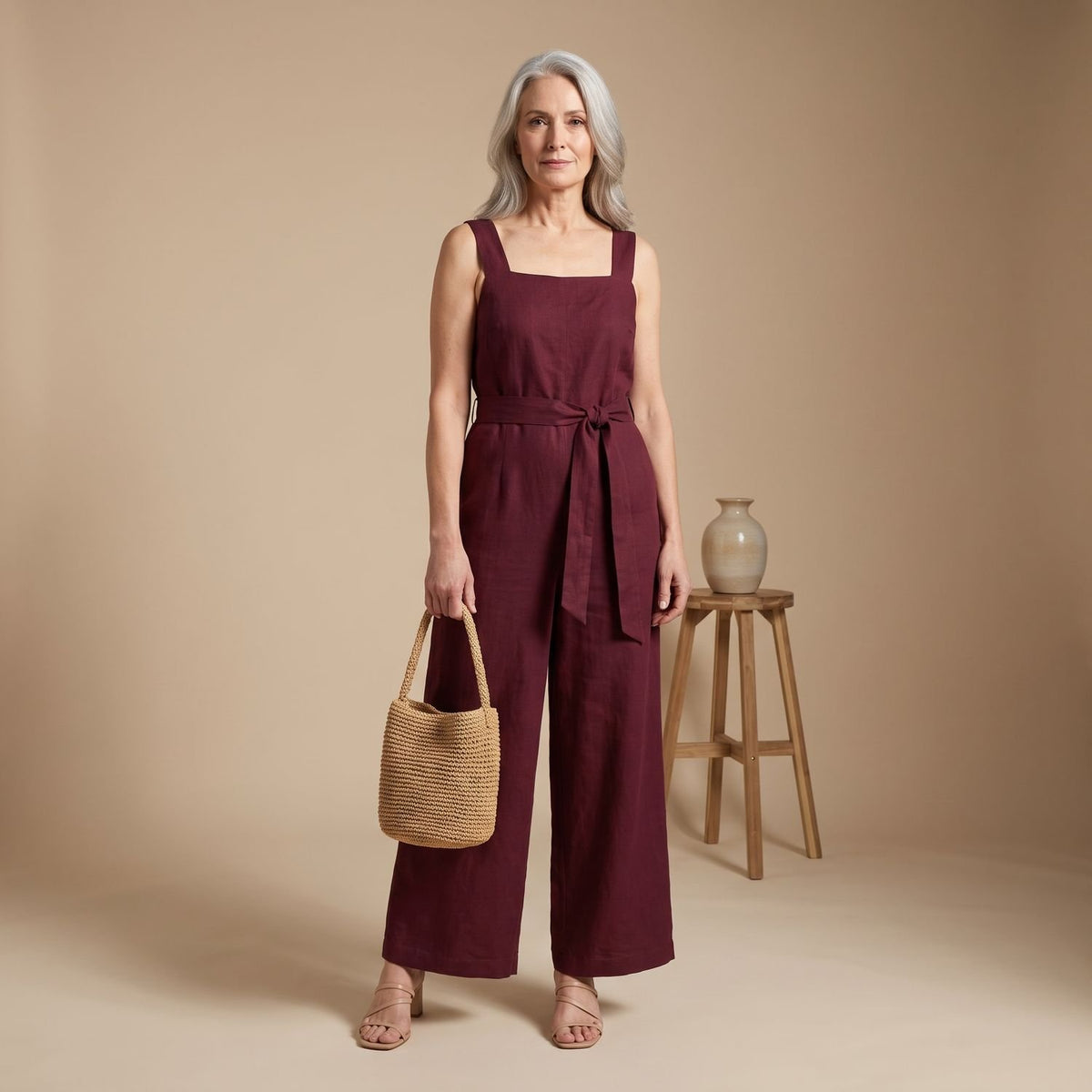 Women's V-Neck Wide-Leg Belted Linen Jumpsuit - Red