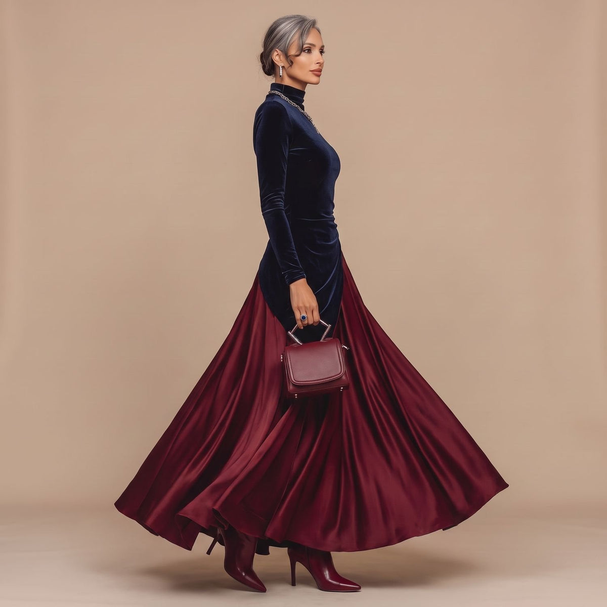 Women's Velvet Colour-Block Maxi Dress Mock Neck Long Sleeve