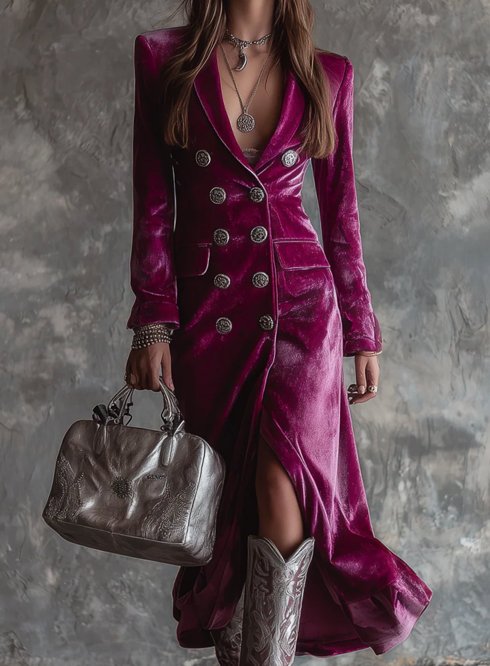 Women's Velvet Double-Breasted Longline Blazer Dress - Purple