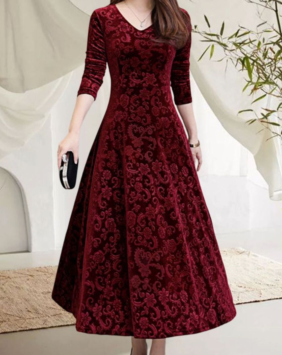 Women's Velvet Dress A-Line Long Sleeve V-Neck Midi Gown