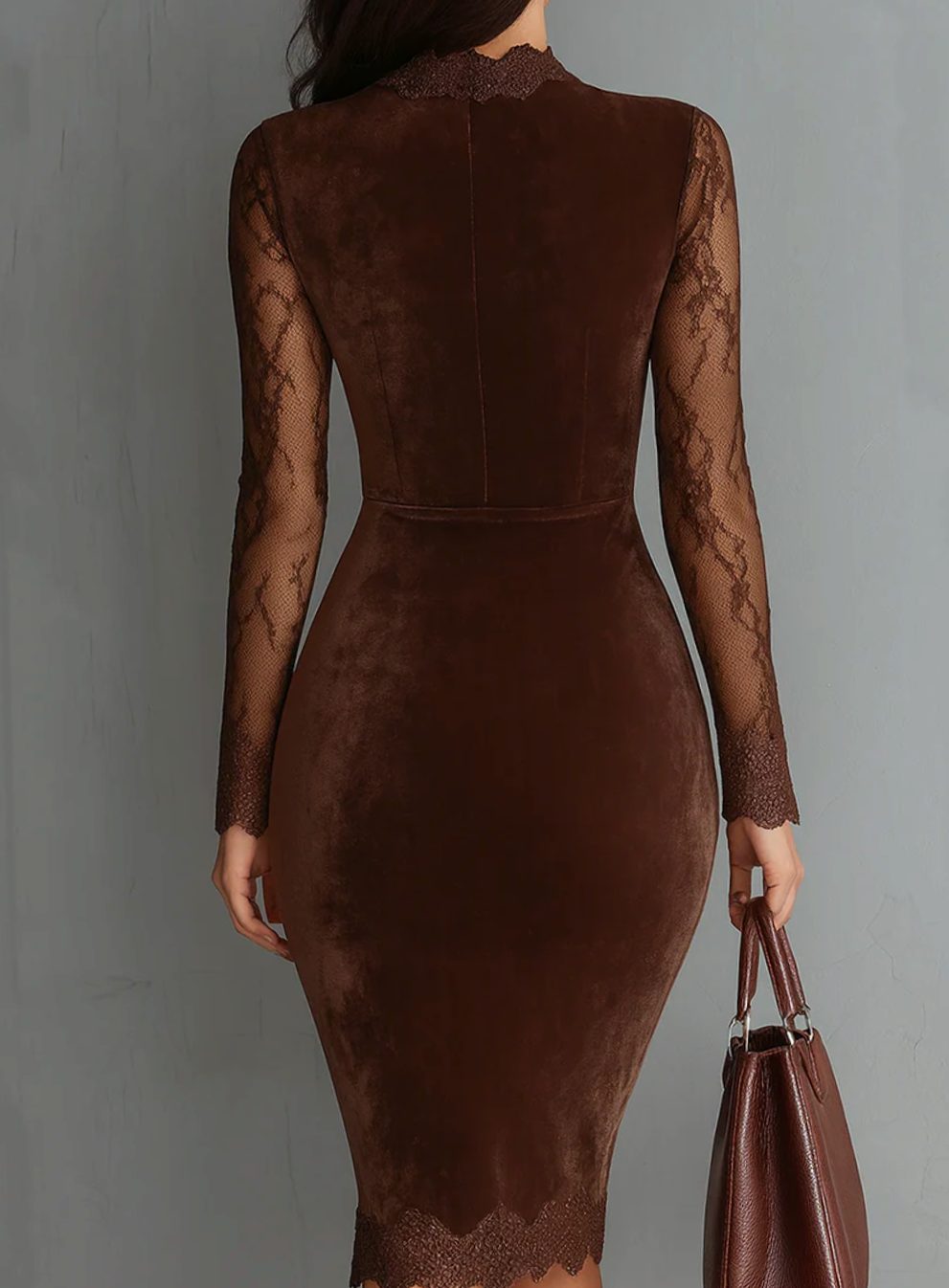 Women's Velvet Dress Lace Sleeve Keyhole Midi Bodycon