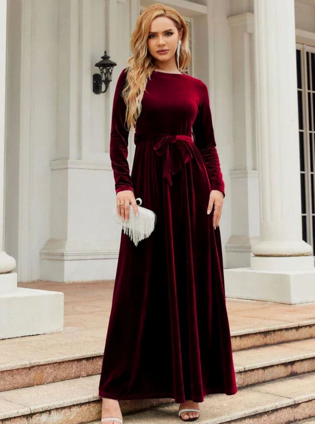 Women's Velvet Dress Long-Sleeve A-Line Belted Maxi Gown - Burgundy