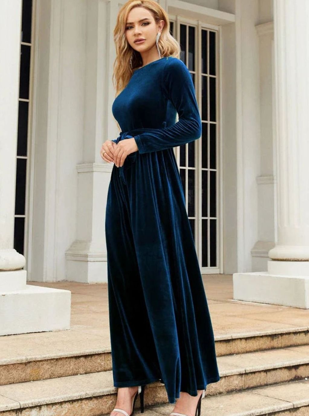 Women's Velvet Dress Long-Sleeve A-Line Belted Maxi Gown - Blue