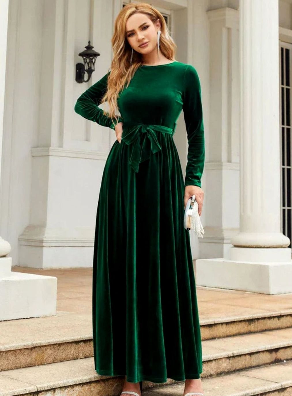 Women's Velvet Dress Long-Sleeve A-Line Belted Maxi Gown - Green