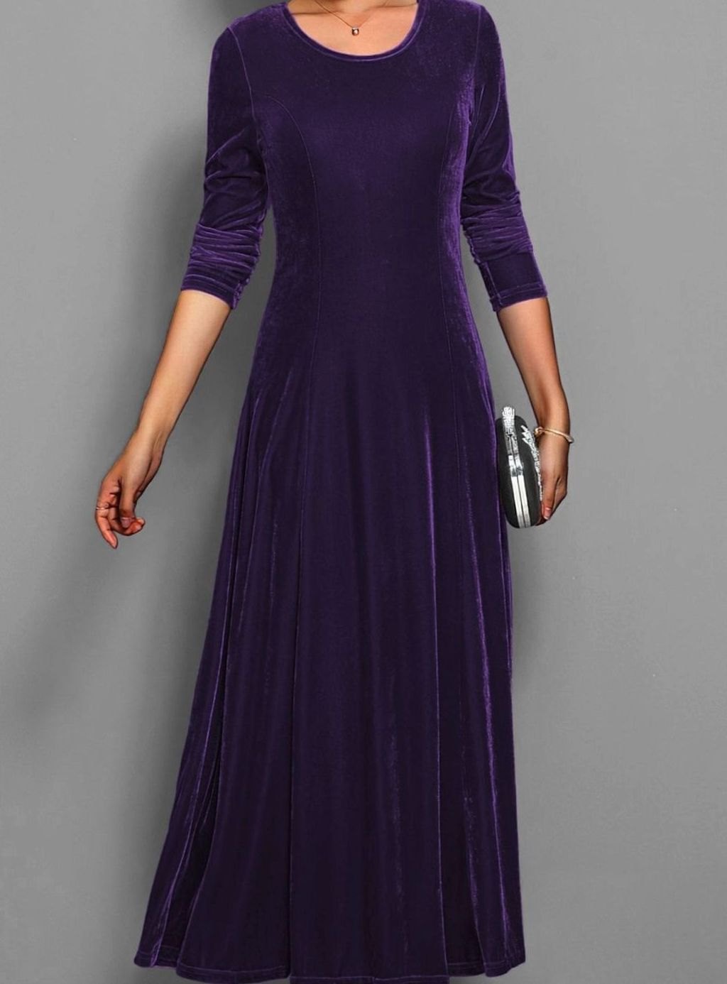 Women's Velvet Dress Long-Sleeve A-Line Maxi - Lilac