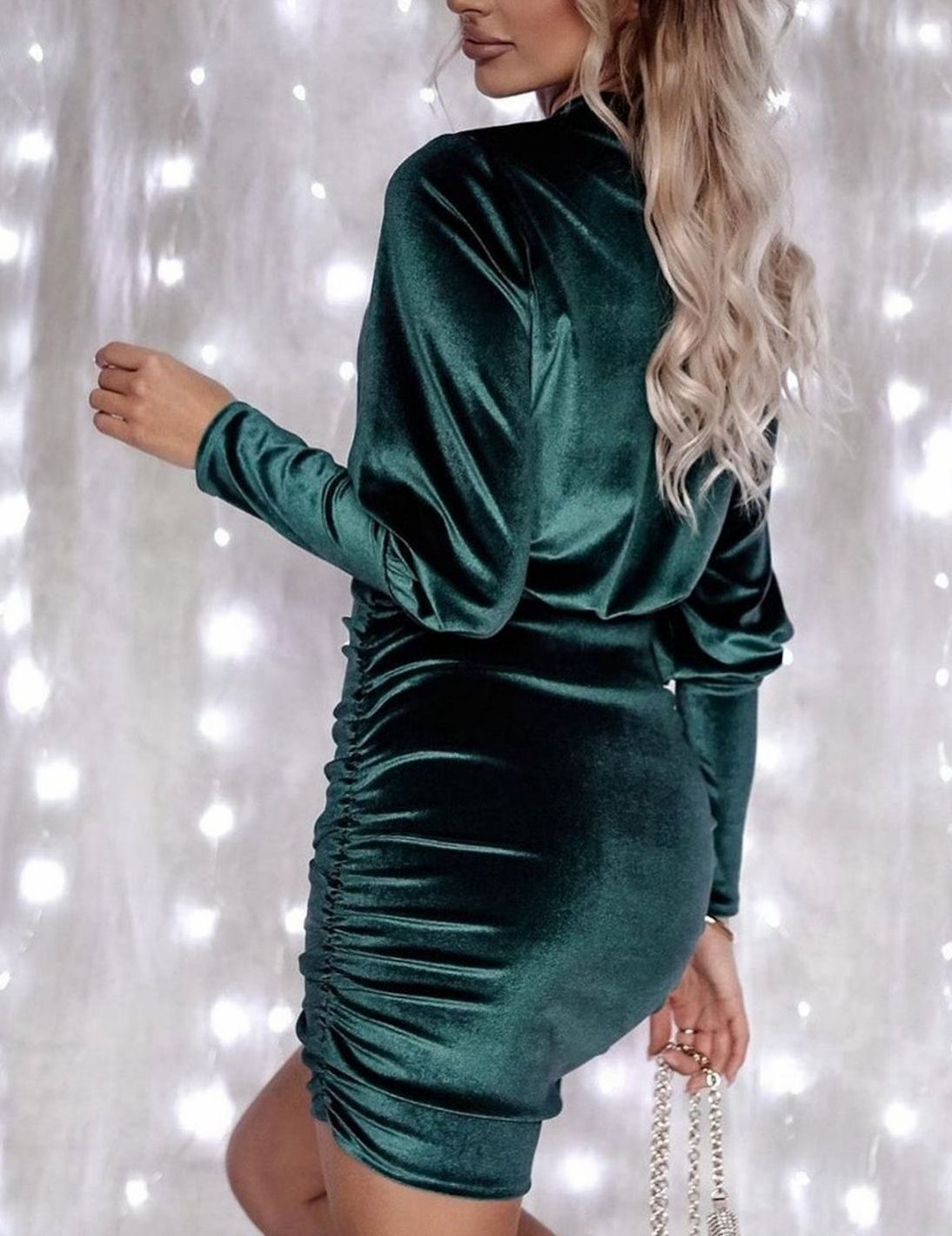 Women's Velvet Dress Long-Sleeve Ruched Bodycon Mini Dress