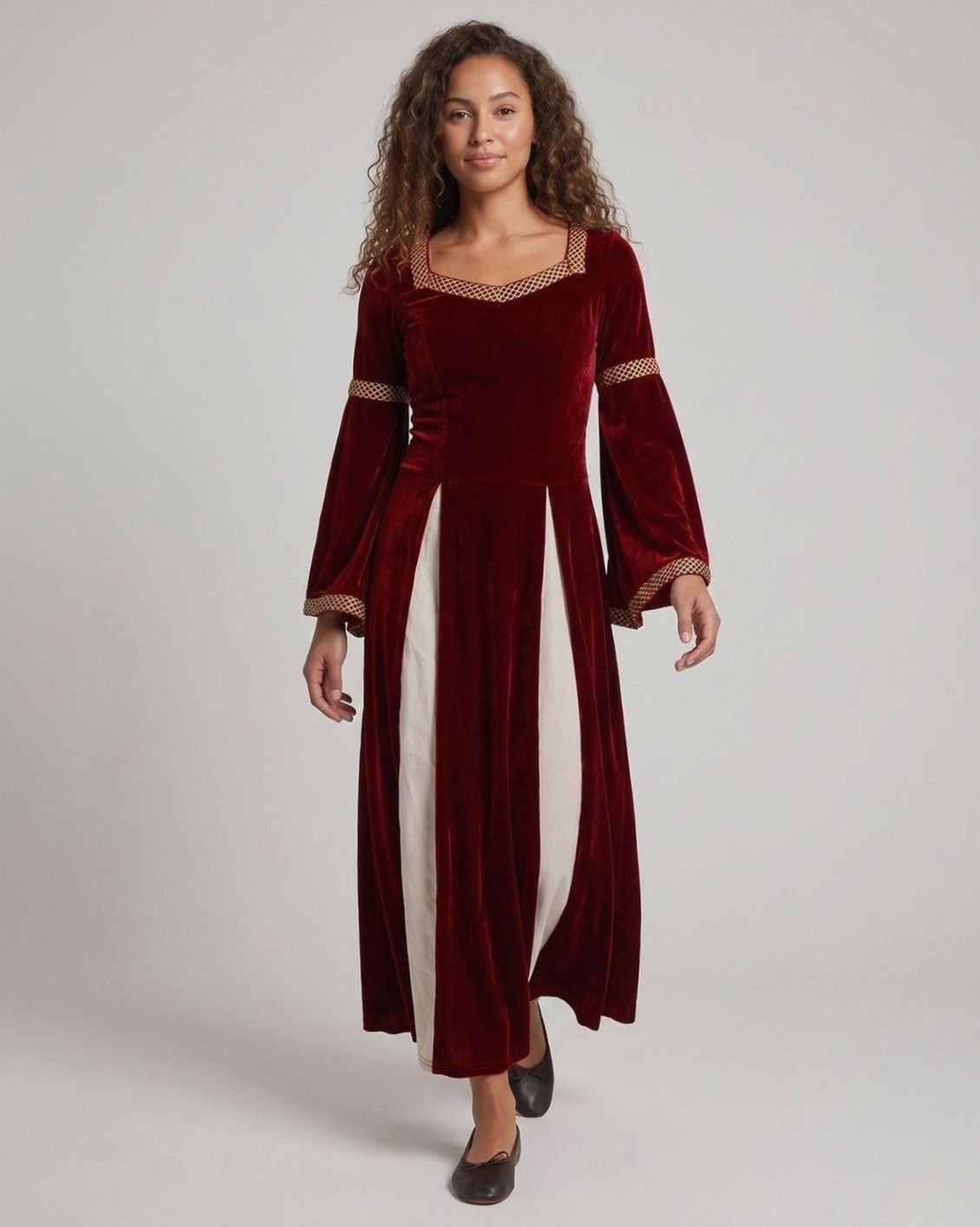 Women's Velvet Dress Medieval Square-Neck Bell-Sleeve Maxi Gown