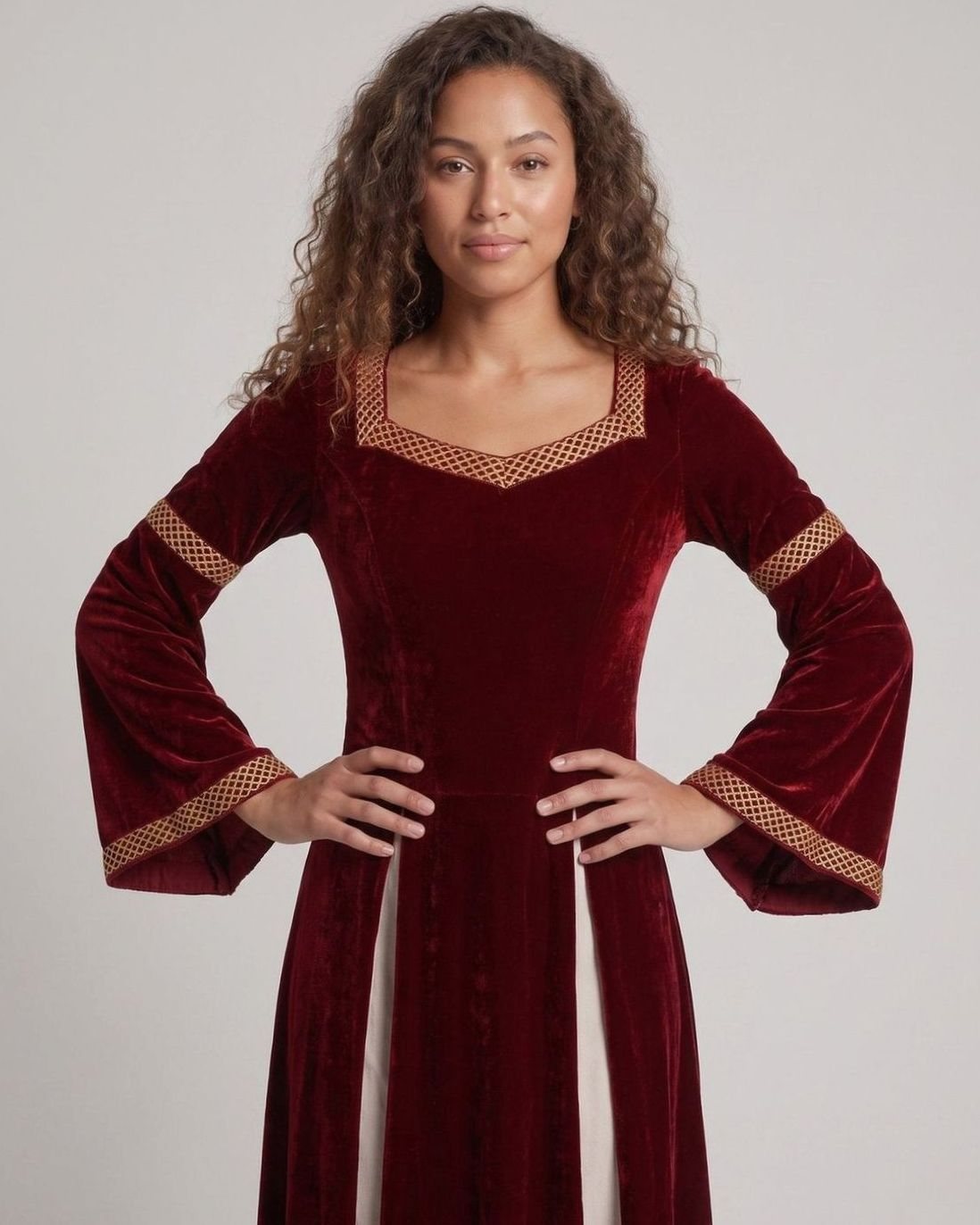 Women's Velvet Dress Medieval Square-Neck Bell-Sleeve Maxi Gown