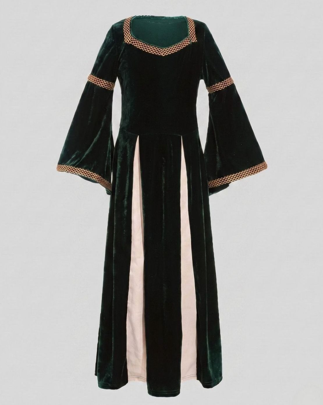Women's Velvet Dress Medieval Square-Neck Bell-Sleeve Maxi Gown - Dark Green