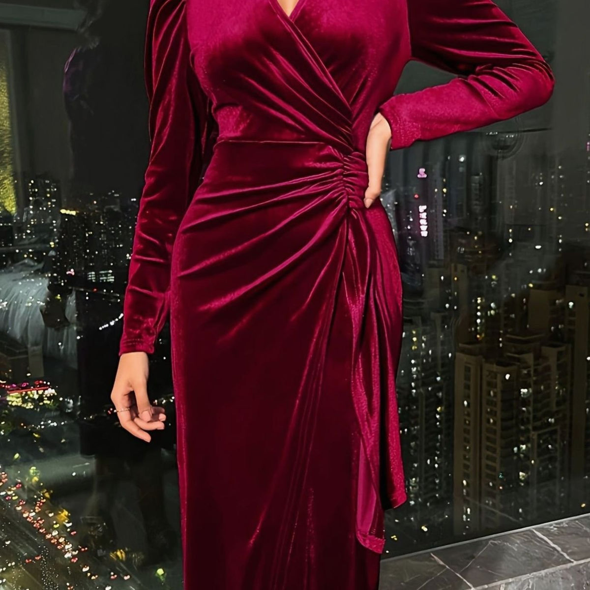 Women's Velvet Dress Ruched Waist Puff-Sleeve Wrap Midi - Crimson