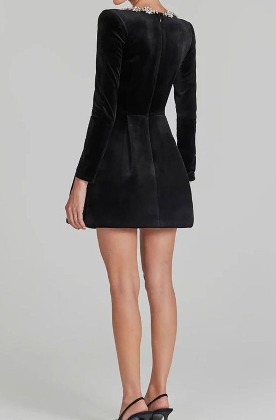 Women's Velvet Mini Dress Long-Sleeve Jewel-Trim Square-Neck