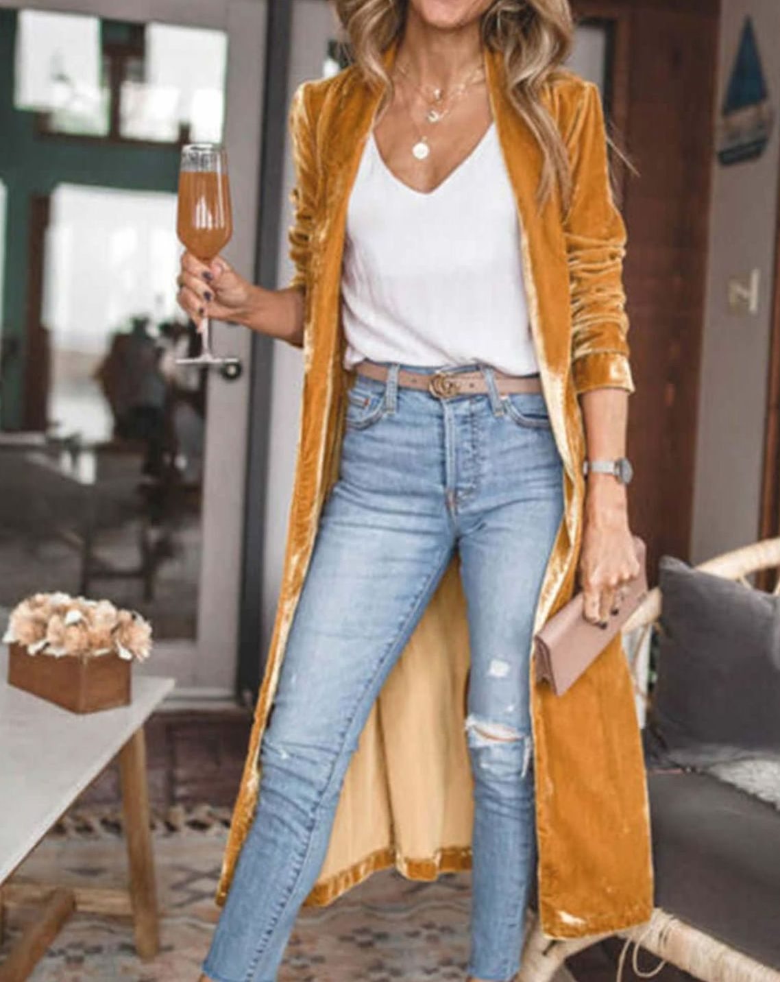 Women's Velvet Open-Front Longline Duster Cardigan