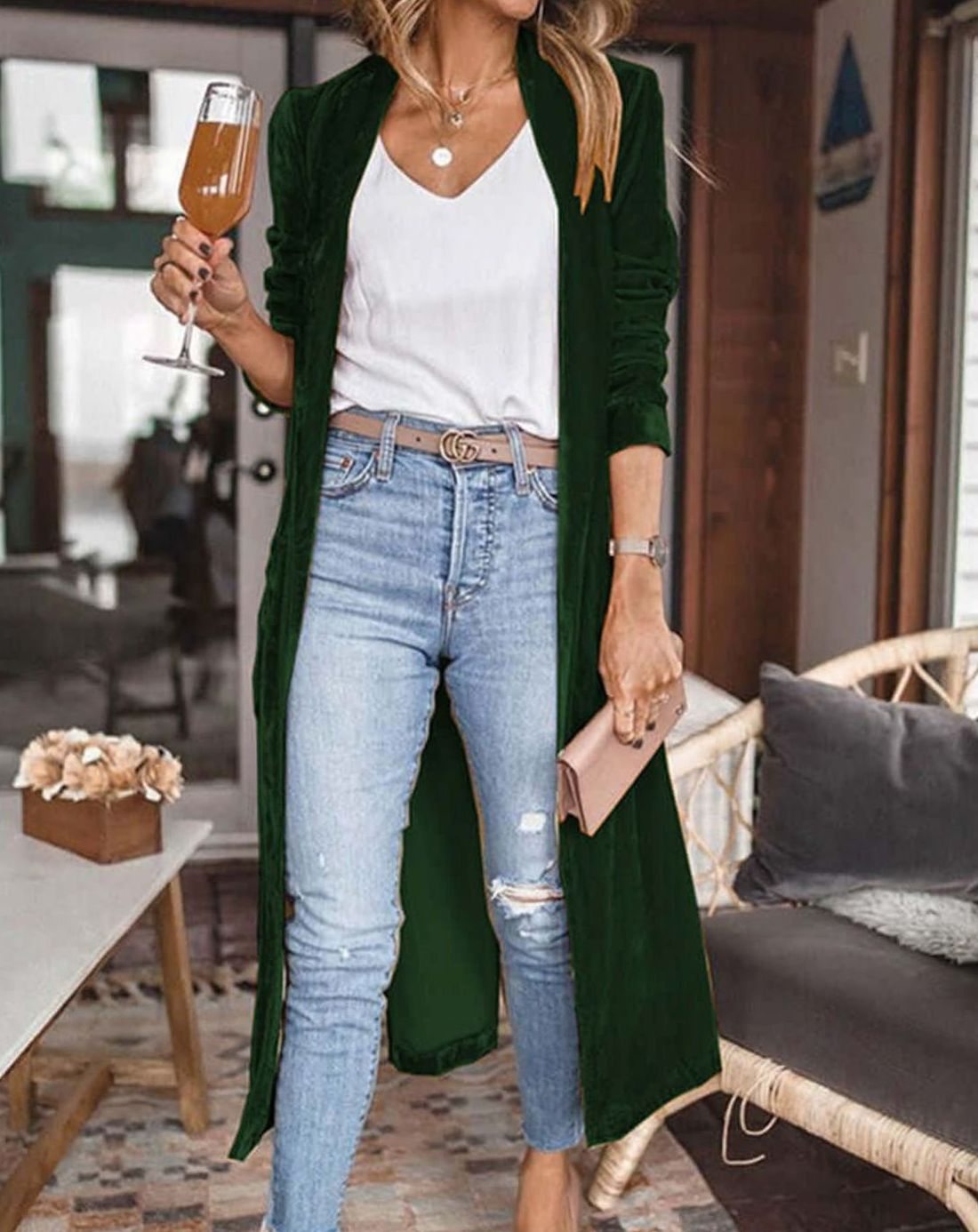 Women's Velvet Open-Front Longline Duster Cardigan - Green