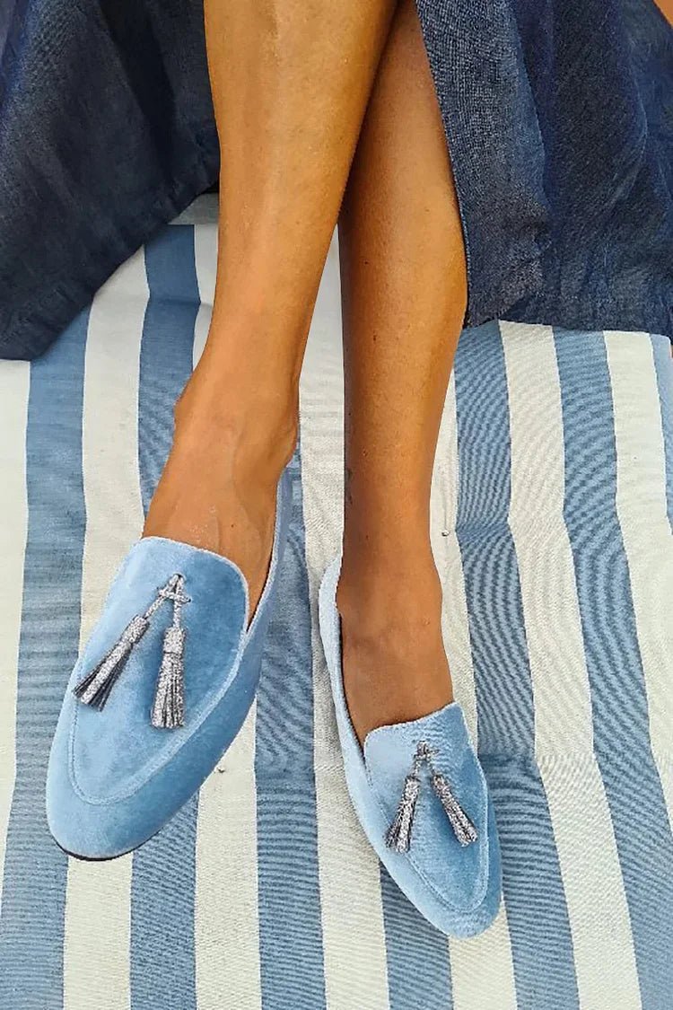 Women's Velvet Silver Tassel Slip-On Loafer Flats - Blue
